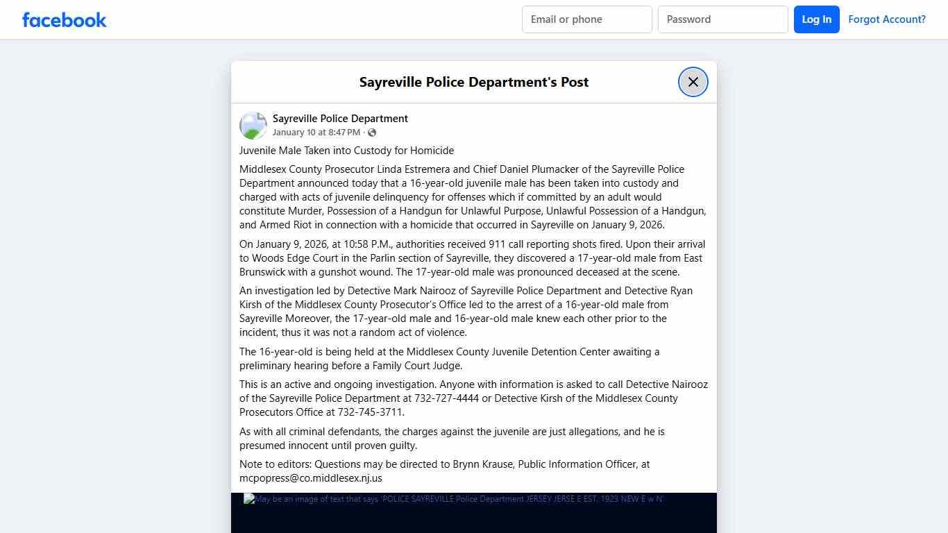 Juvenile Male Taken into... - Sayreville Police Department Facebook